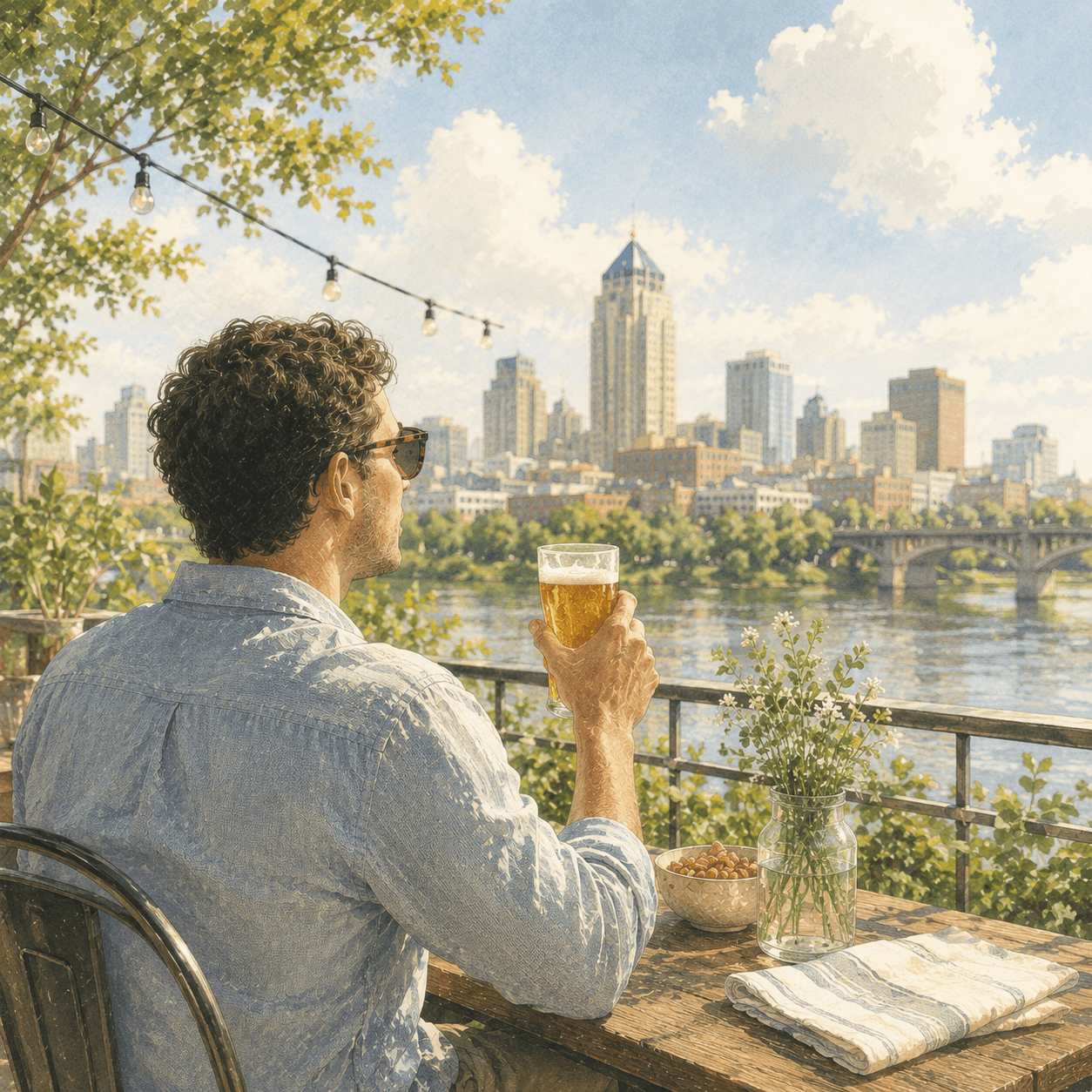 A slow evening on a riverfront patio, downtown Des Moines beyond