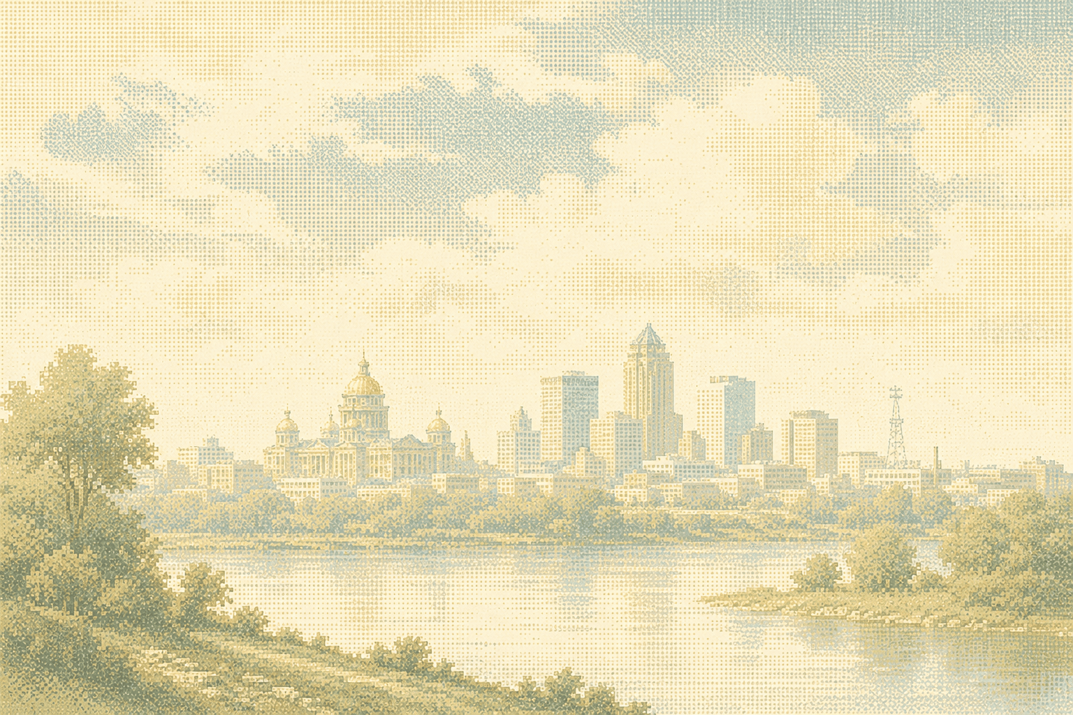 Watercolor of the Des Moines skyline stretched along the river at dusk