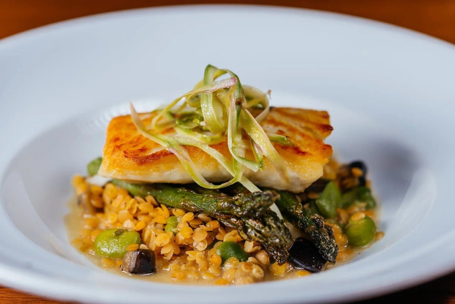Pan roasted halibut over farro at Alba
