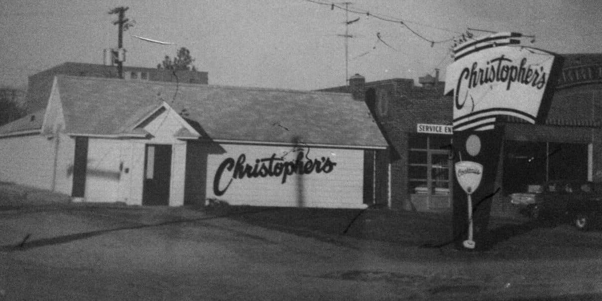 Vintage black and white photo of Christopher's original building