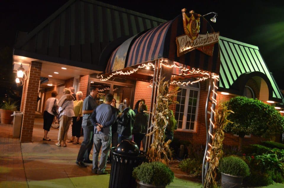 Christopher's restaurant entrance lit up at night