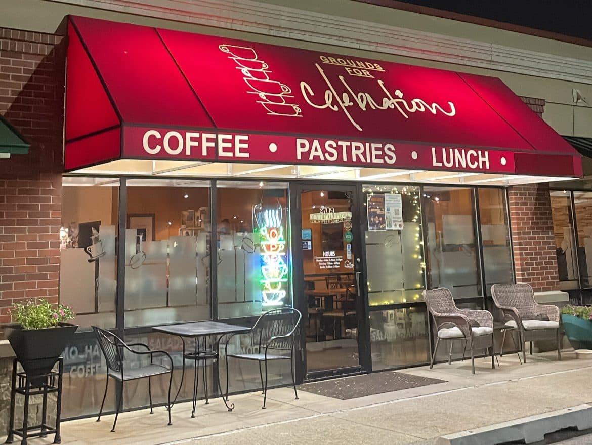 Grounds for Celebration storefront with a red awning
