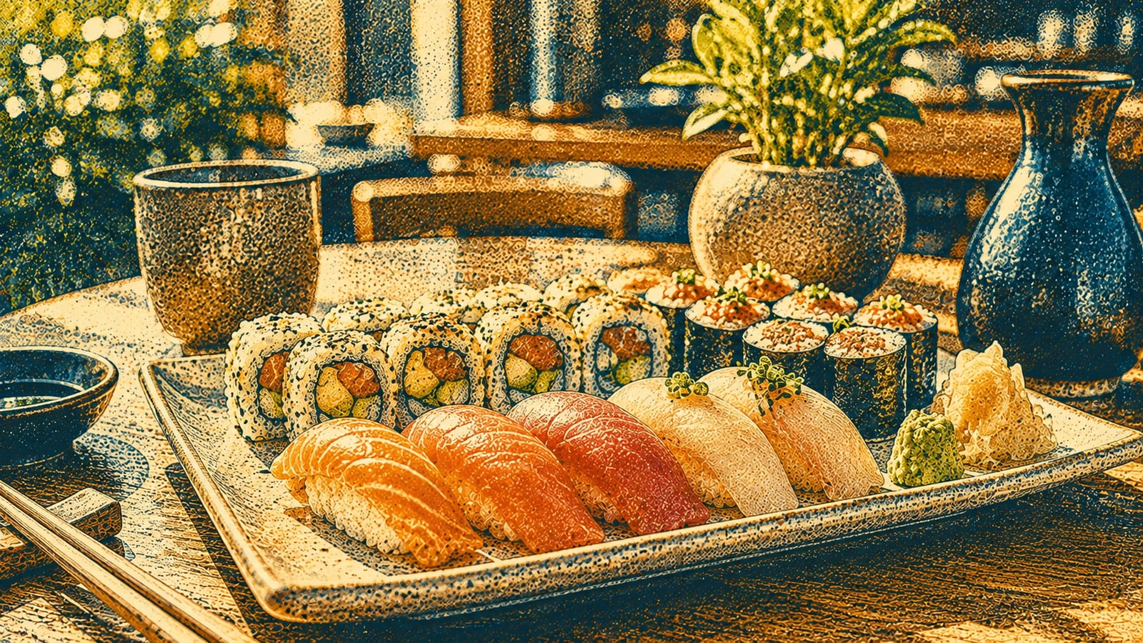 A platter of nigiri and sushi rolls with wasabi and ginger, a cup of tea, and a sake carafe