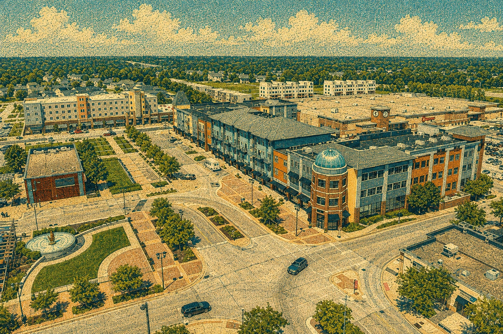 Aerial view of a walkable Des Moines shopping district with brick storefronts, plazas and tree-lined streets